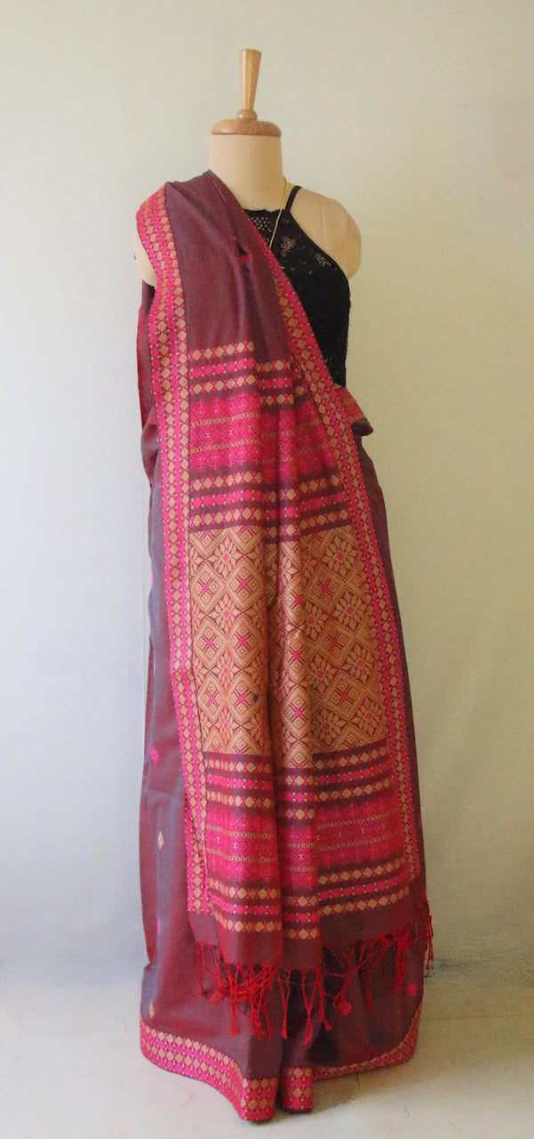 Two Tone Plum Colour Handloom Cotton Saree from Assam