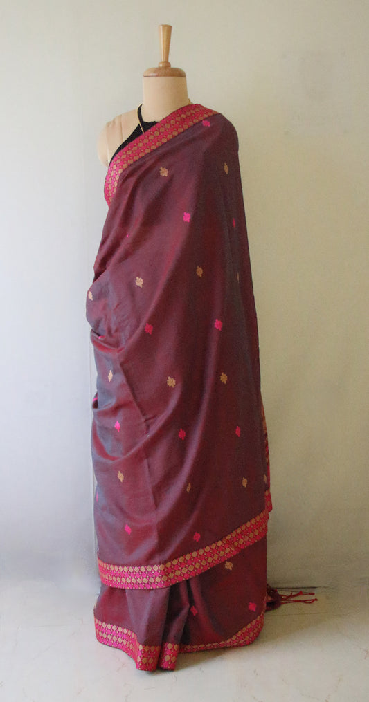 Two Tone Plum Colour Handloom Cotton Saree from Assam