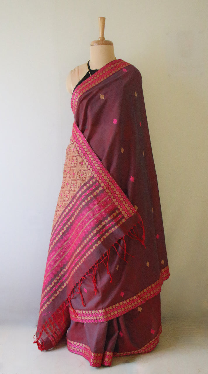 Two Tone Plum Colour Handloom Cotton Saree from Assam