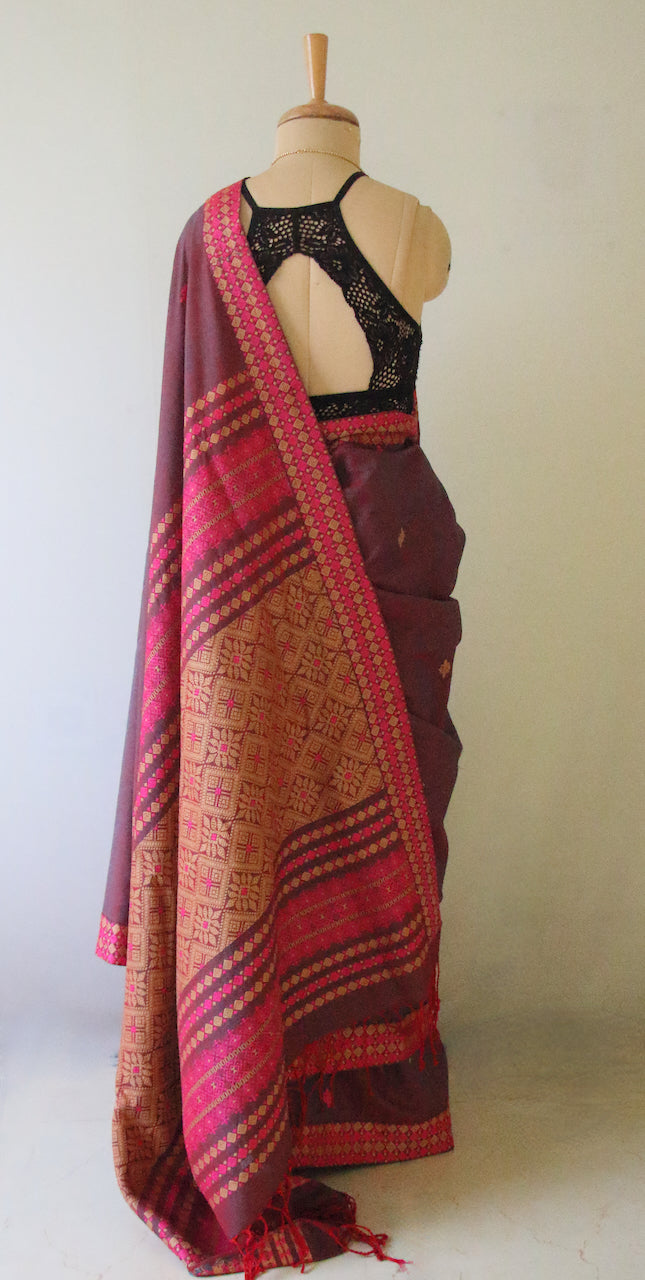 Two Tone Plum Colour Handloom Cotton Saree from Assam