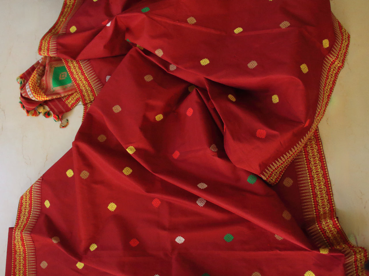 Red Traditional Mekhela Chador Set from Assam