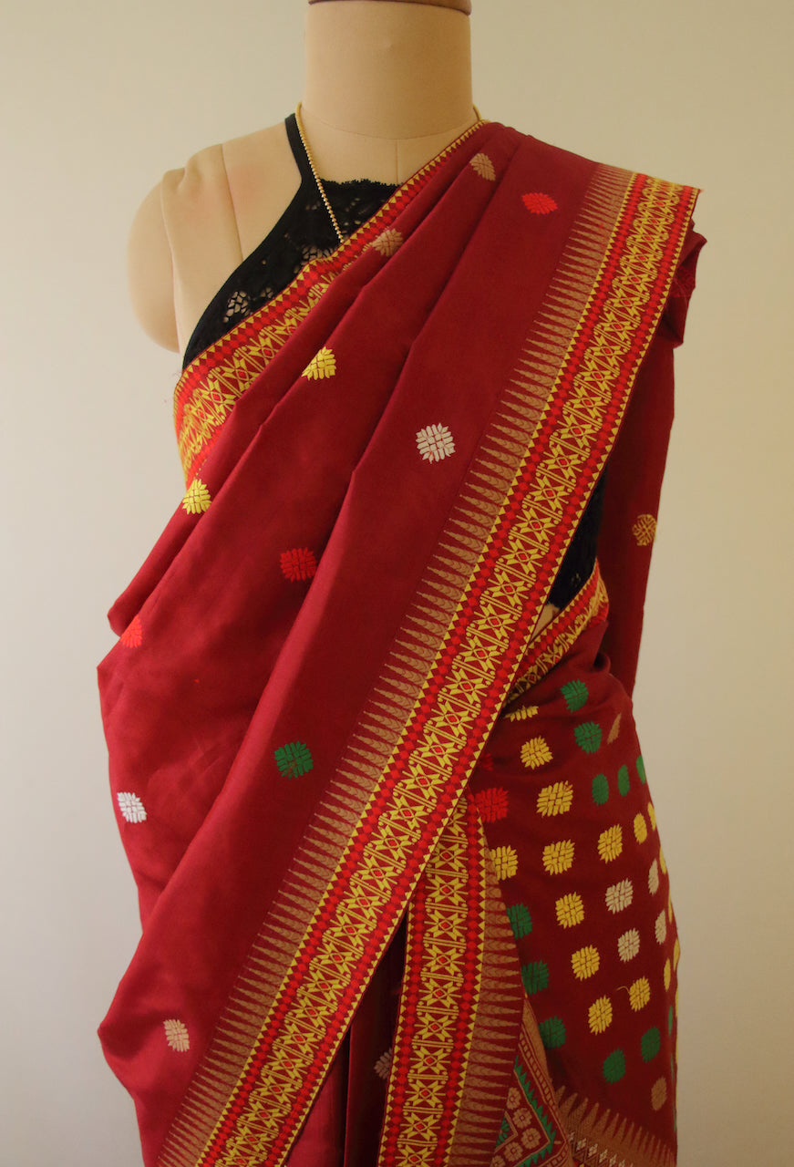 Red Traditional Mekhela Chador Set from Assam