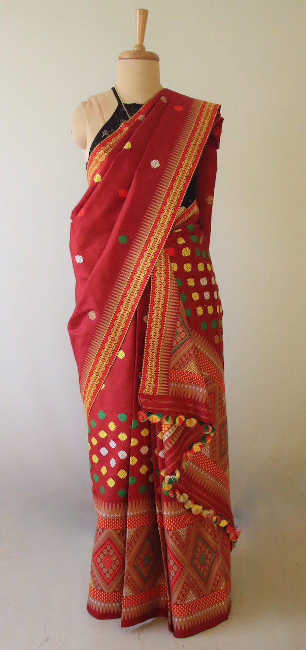 Red Traditional Mekhela Chador Set from Assam