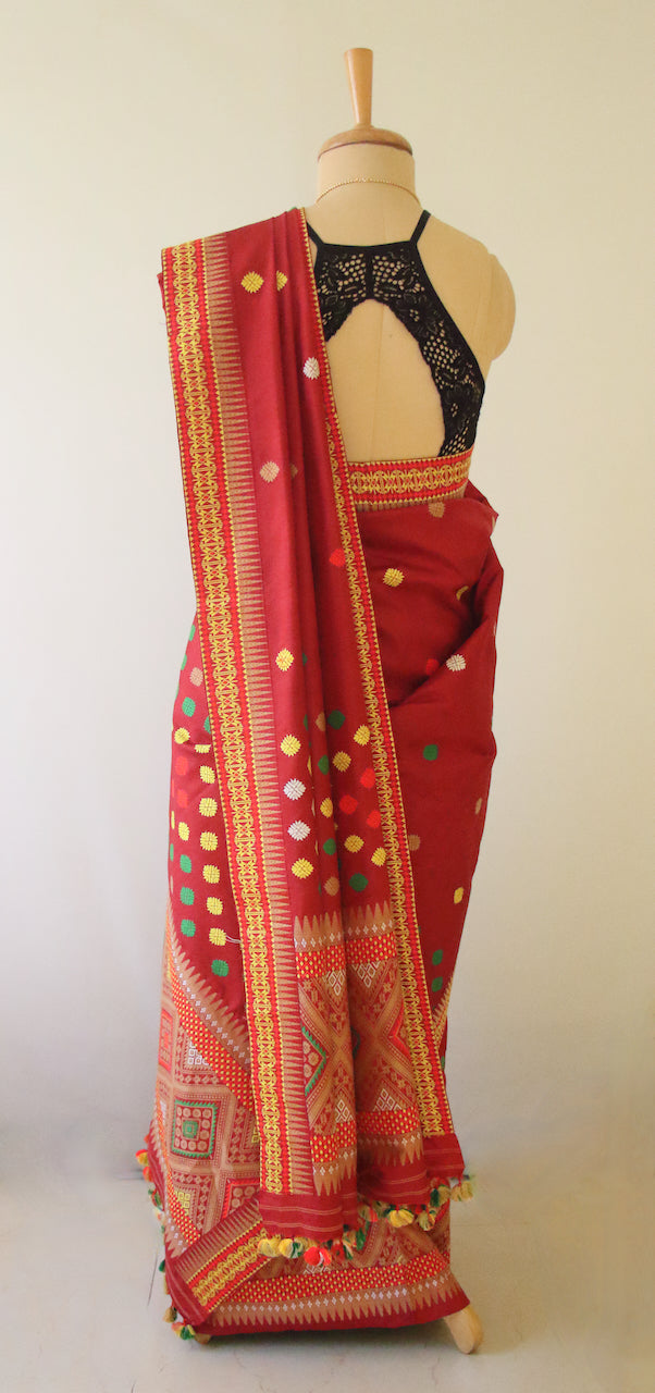 Red Traditional Mekhela Chador Set from Assam