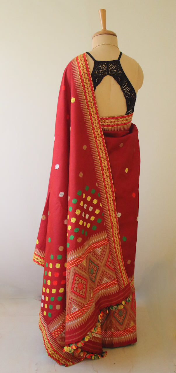 Red Traditional Mekhela Chador Set from Assam