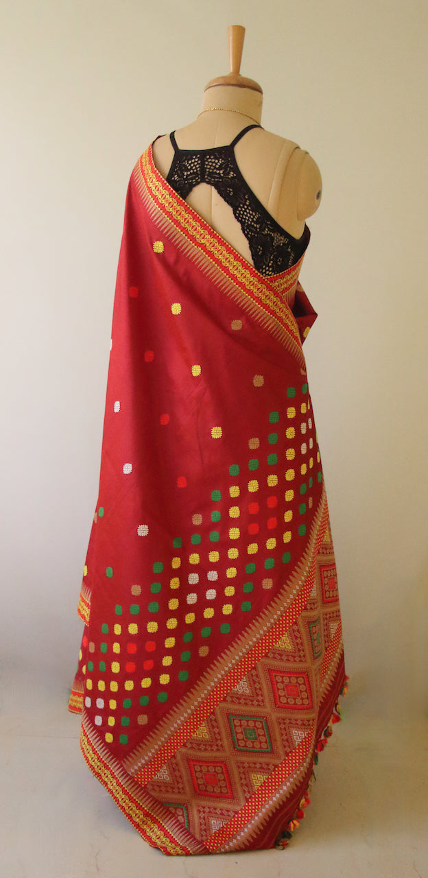 Red Traditional Mekhela Chador Set from Assam