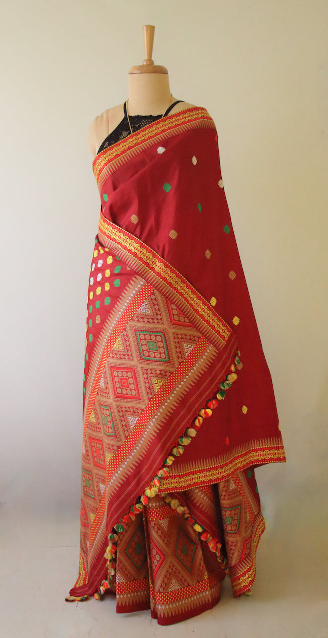 Red Traditional Mekhela Chador Set from Assam