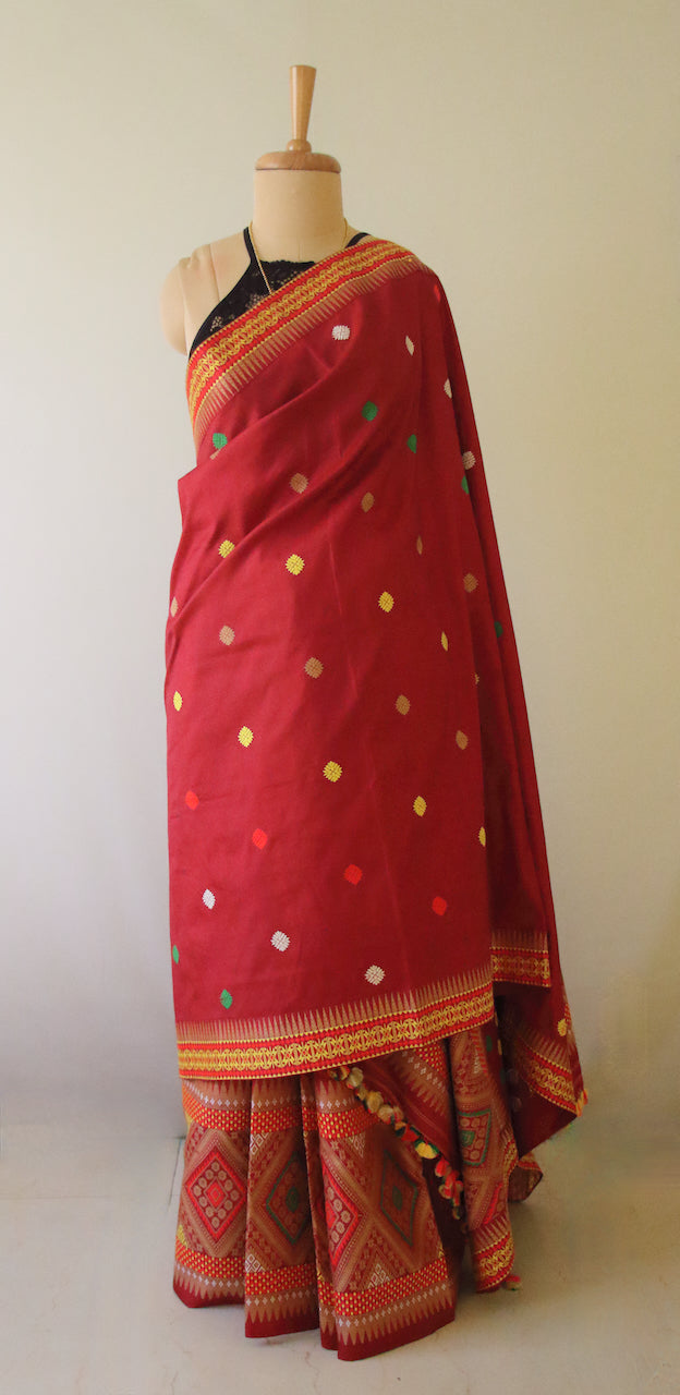 Red Traditional Mekhela Chador Set from Assam