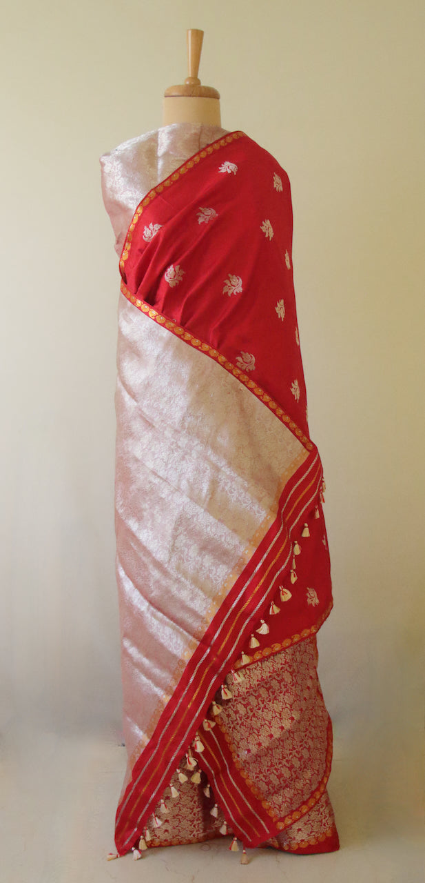 Red and Silver Mulberry Silk Mekhela Chador Set