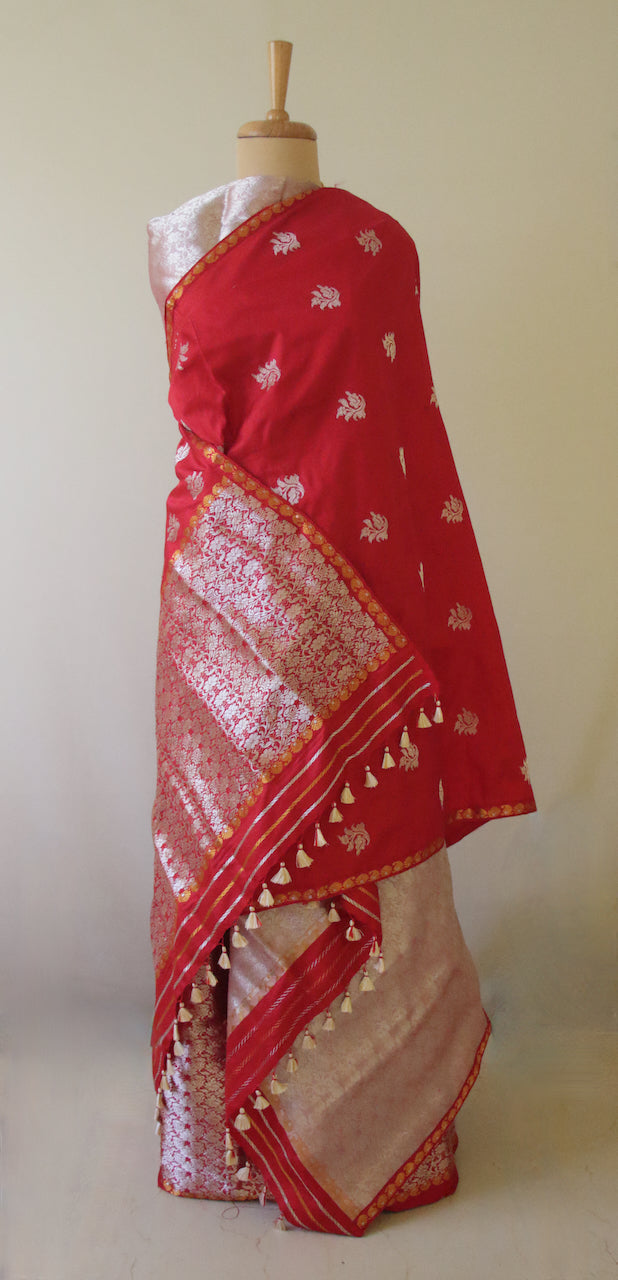 Red and Silver Mulberry Silk Mekhela Chador Set