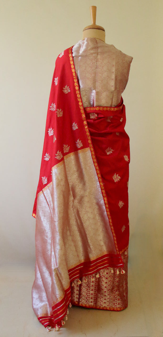 Red and Silver Mulberry Silk Mekhela Chador Set