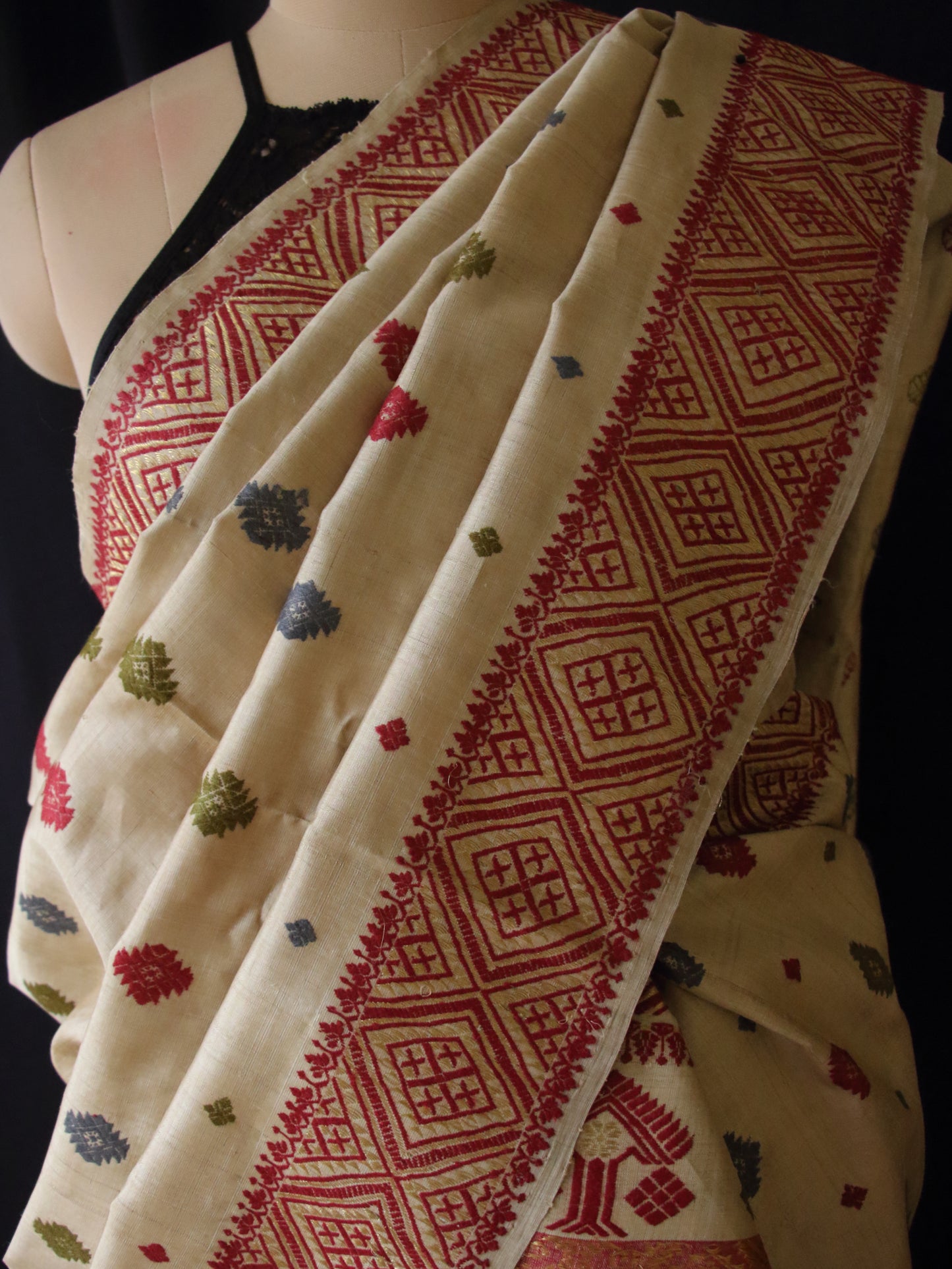 Authentic Muga Silk Traditional Design Mekhela Chador Set from Assam
