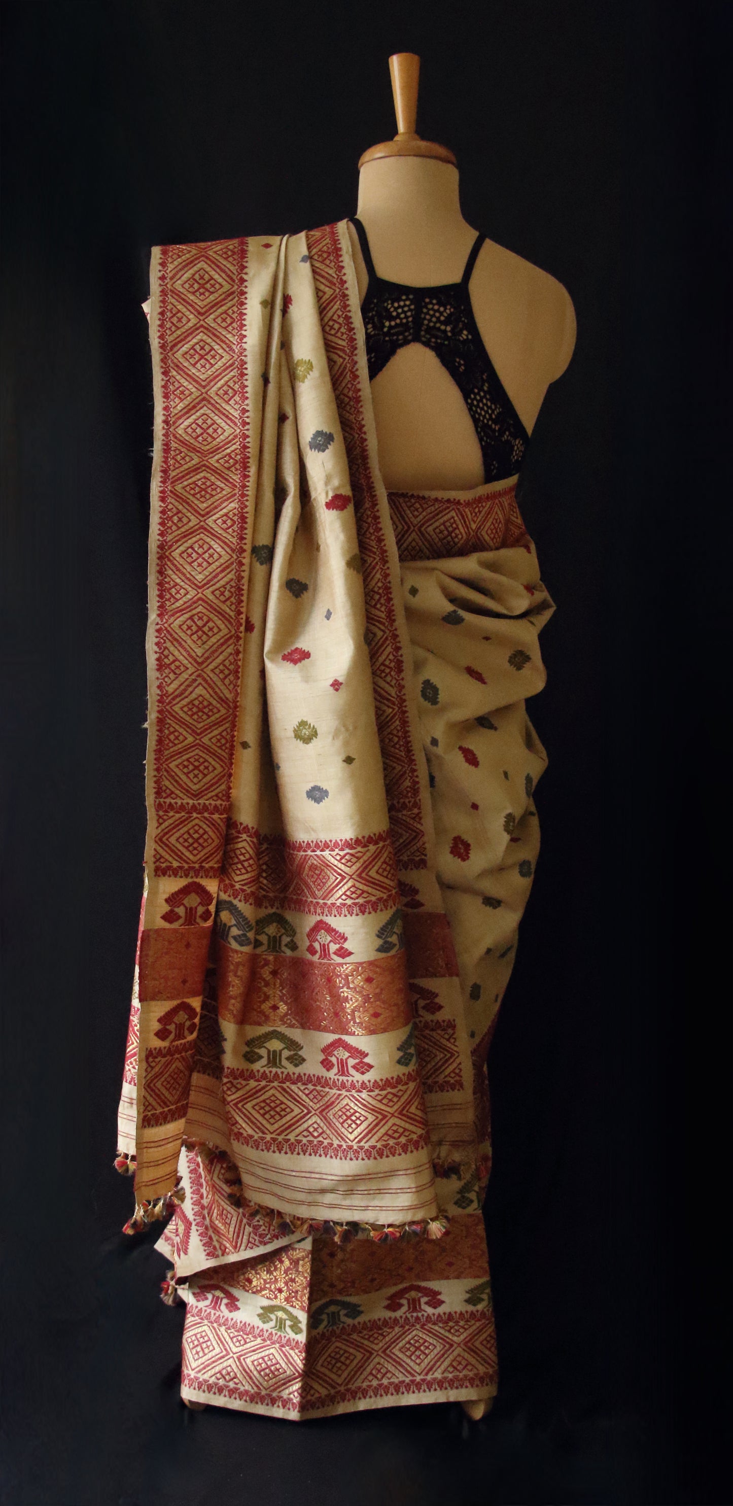 Authentic Muga Silk Traditional Design Mekhela Chador Set from Assam