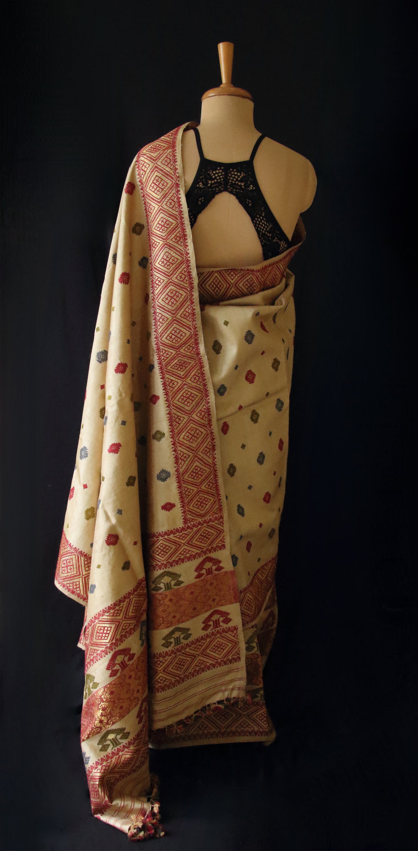 Authentic Muga Silk Traditional Design Mekhela Chador Set from Assam