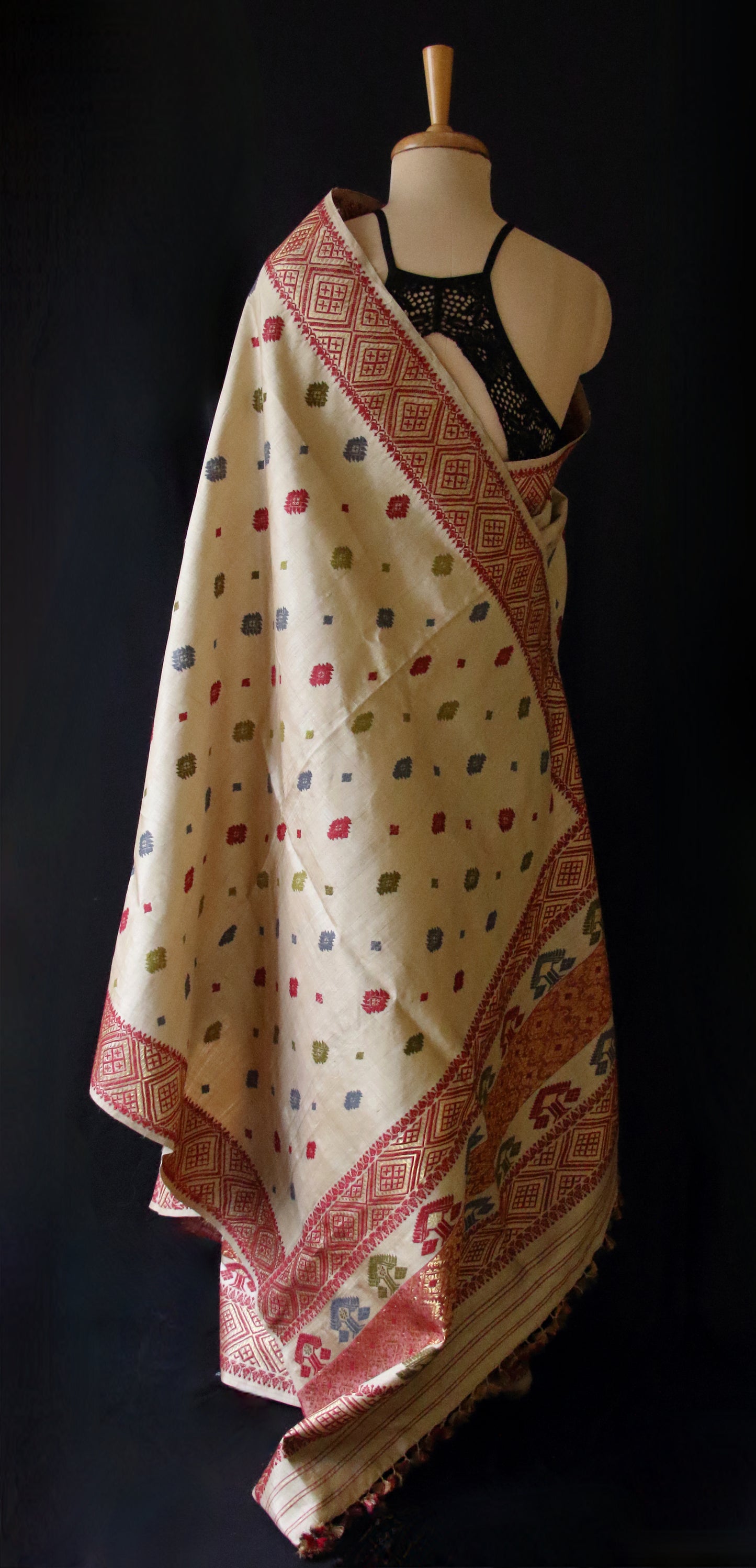 Authentic Muga Silk Traditional Design Mekhela Chador Set from Assam