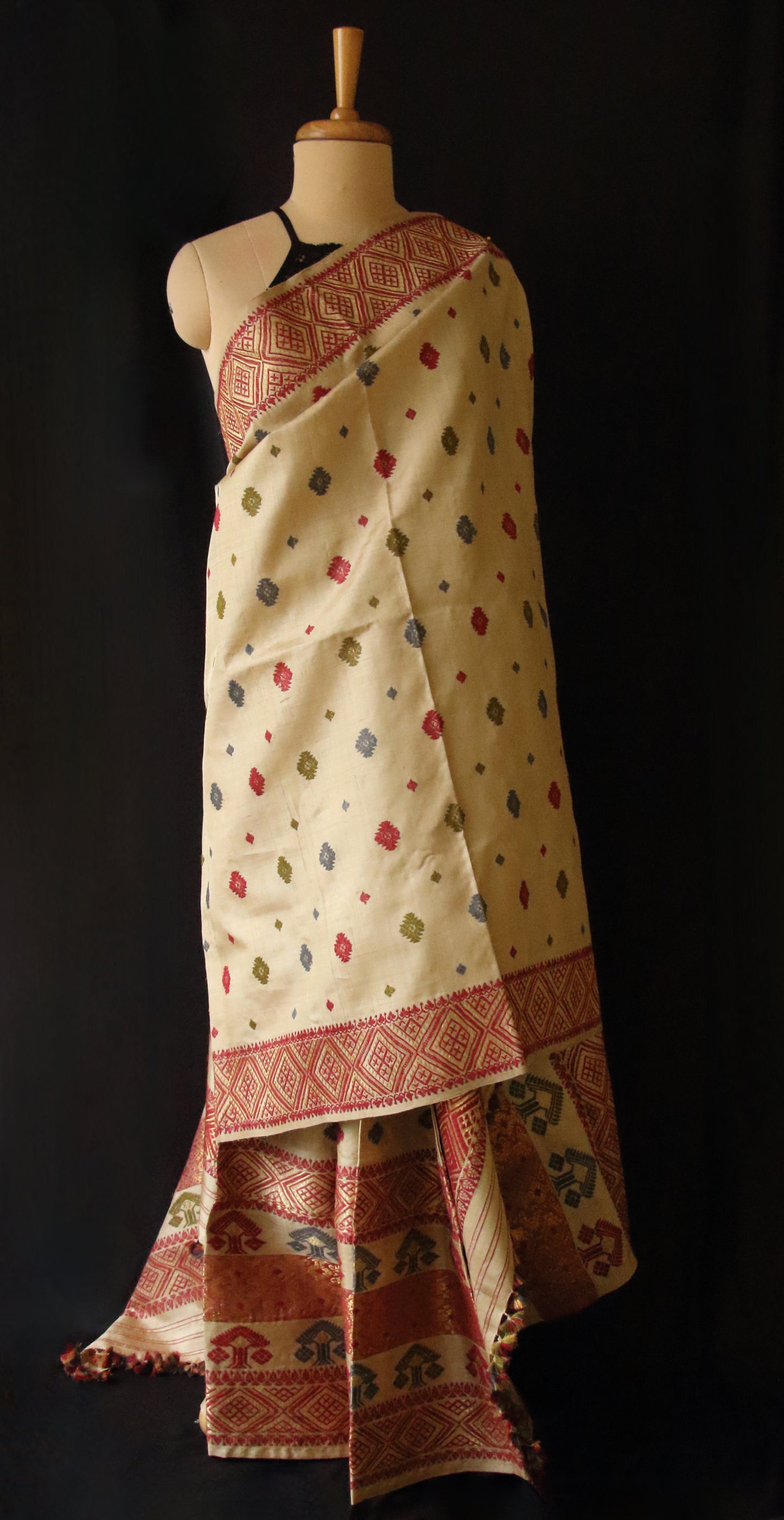 Authentic Muga Silk Traditional Design Mekhela Chador Set from Assam