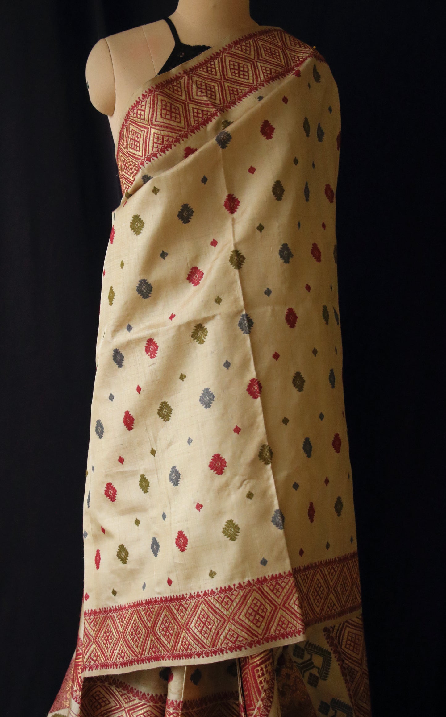 Authentic Muga Silk Traditional Design Mekhela Chador Set from Assam