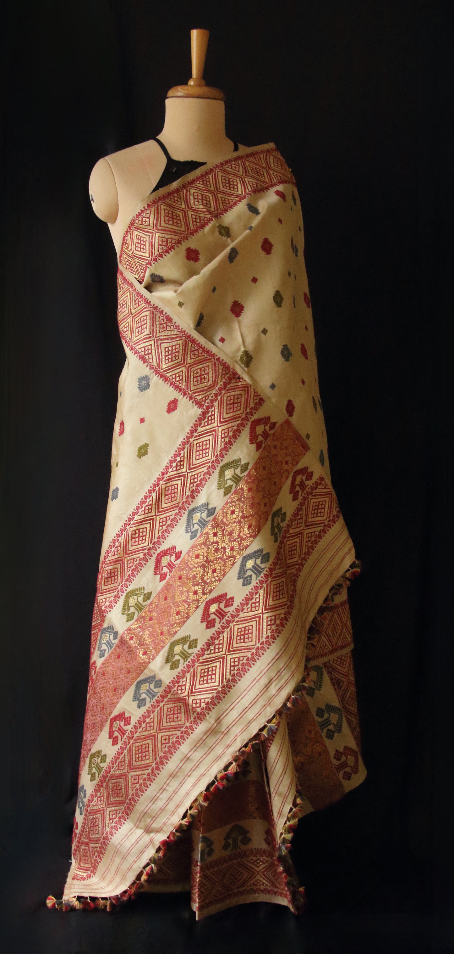 Authentic Muga Silk Traditional Design Mekhela Chador Set from Assam