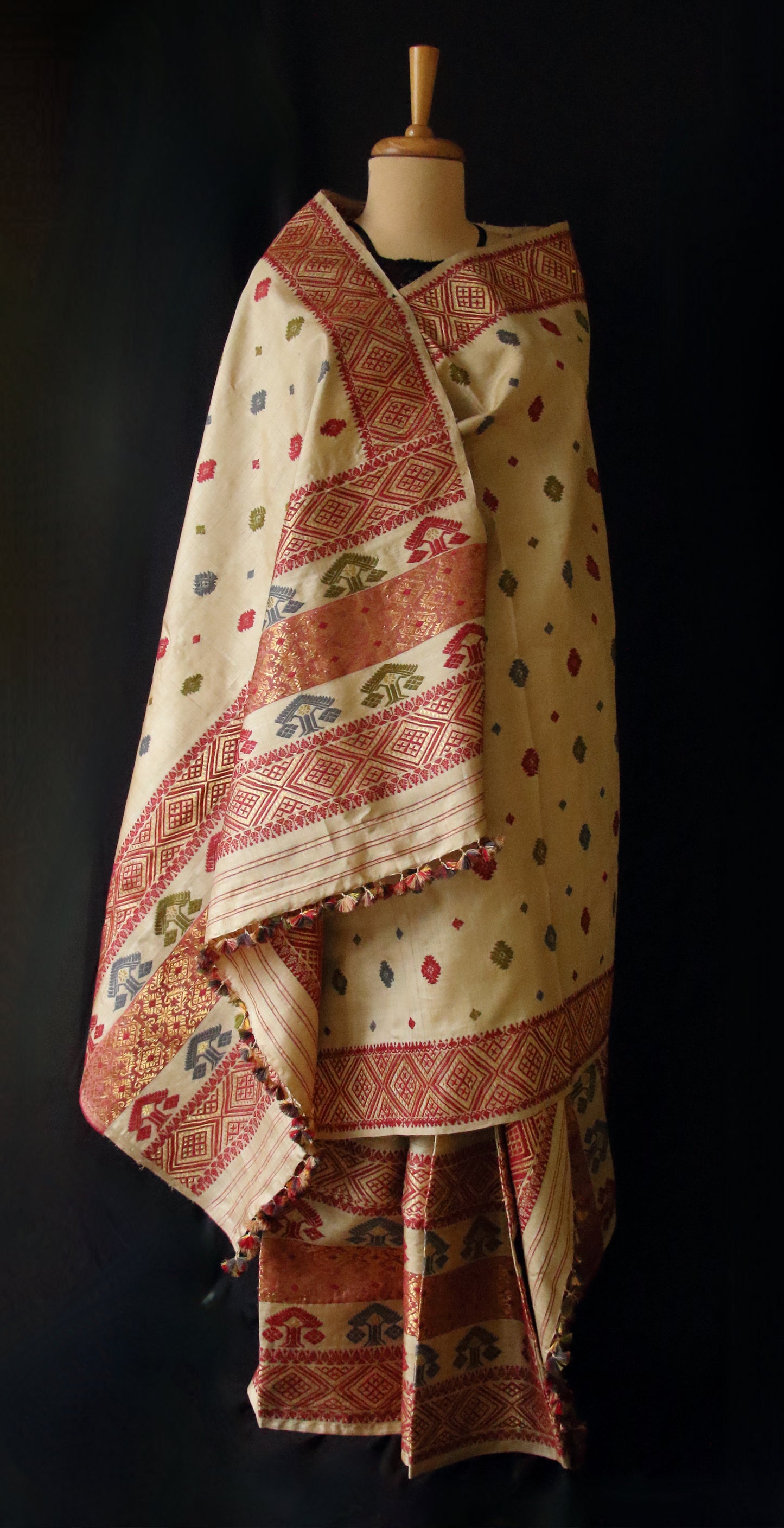 Authentic Muga Silk Traditional Design Mekhela Chador Set from Assam