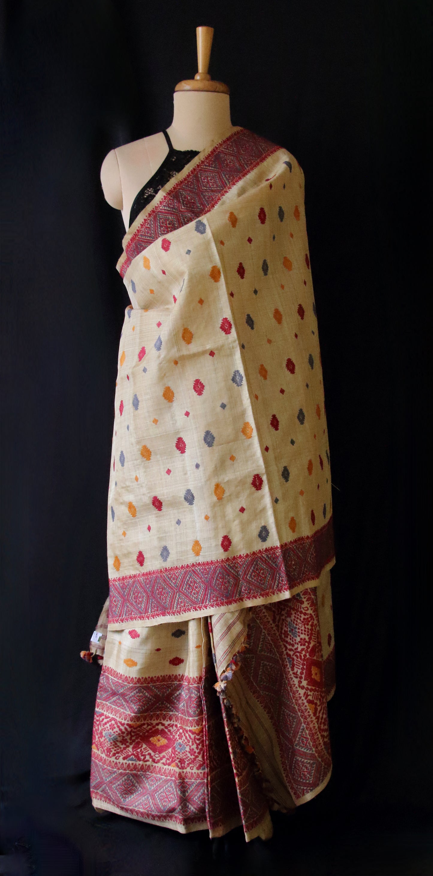 Authentic Muga Silk Traditional Design Mekhela Chador Set from Assam