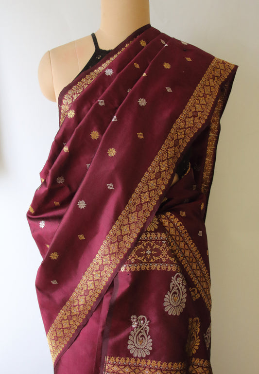 Maroon Natural Dyed  Mulberry Silk  Mekhla Chador Set from Assam