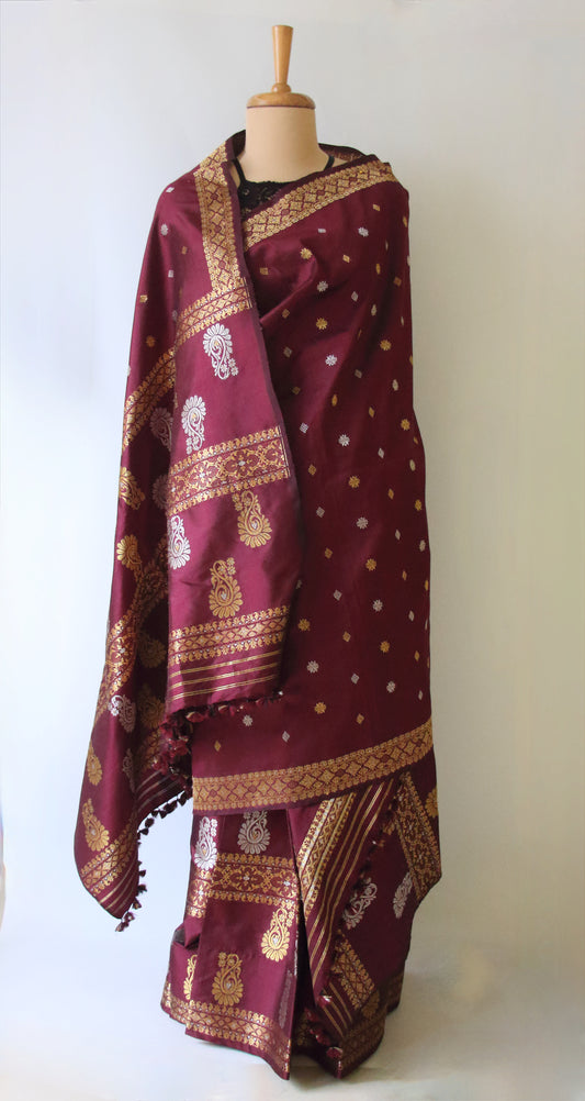 Maroon Natural Dyed  Mulberry Silk  Mekhla Chador Set from Assam