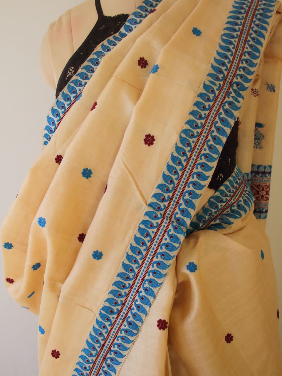 Handloom Tassah Silk Sari with traditional blue and maroon motifs from Assam , India