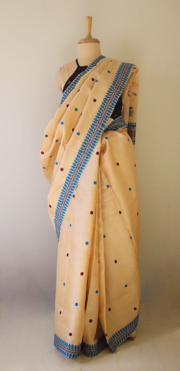 Handloom Tassah Silk Sari with traditional blue and maroon motifs from Assam , India