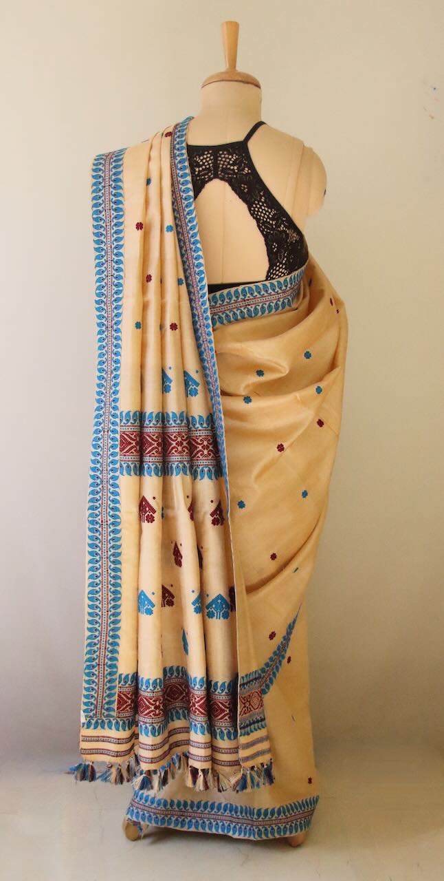 Handloom Tassah Silk Sari with traditional blue and maroon motifs from Assam , India