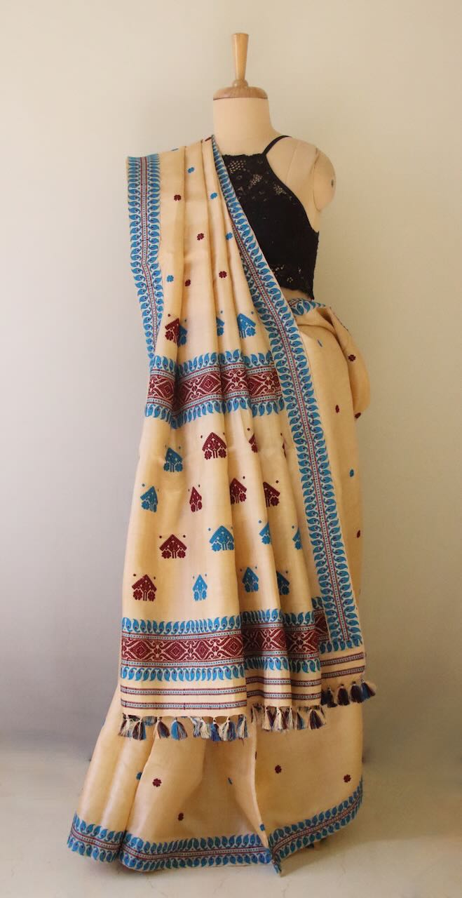 Handloom Tassah Silk Sari with traditional blue and maroon motifs from Assam , India