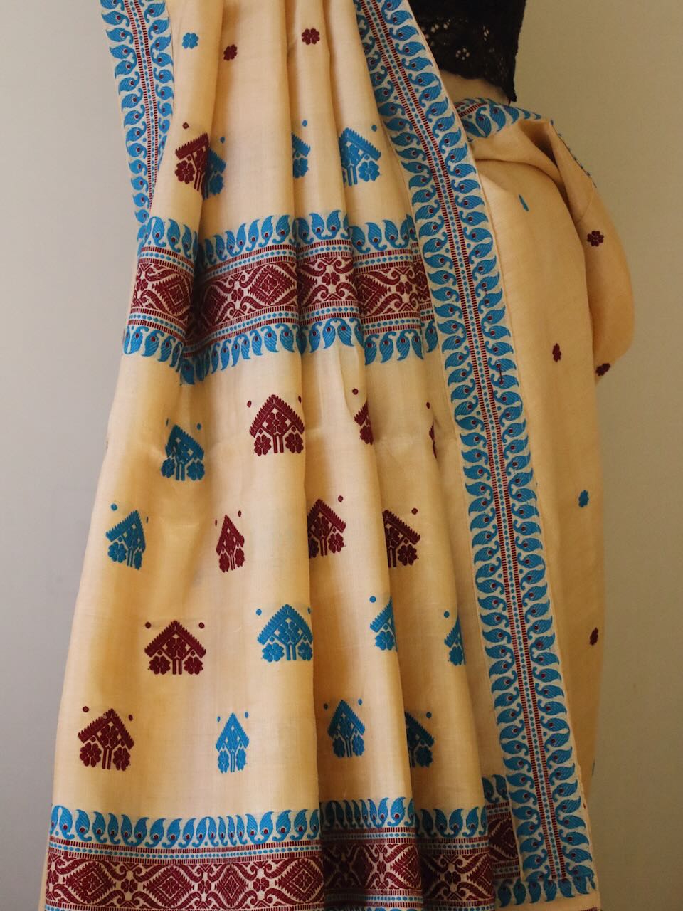 Handloom Tassah Silk Sari with traditional blue and maroon motifs from Assam , India