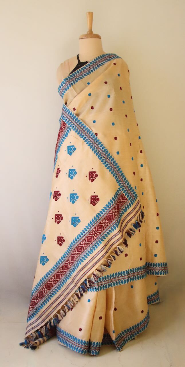 Handloom Tassah Silk Sari with traditional blue and maroon motifs from Assam , India