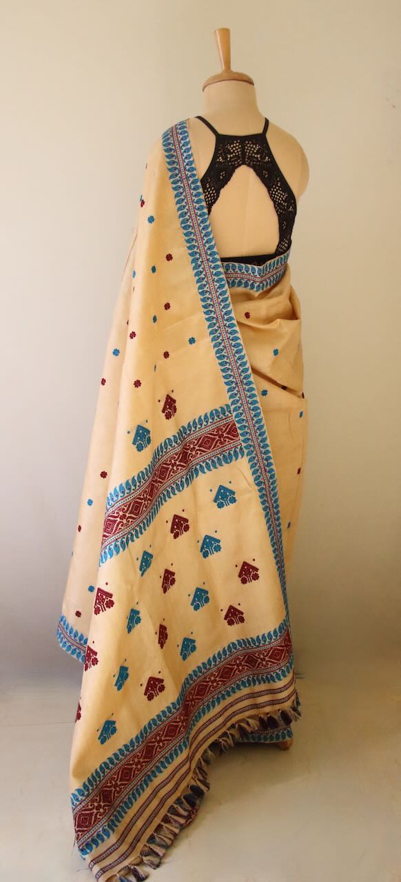 Handloom Tassah Silk Sari with traditional blue and maroon motifs from Assam , India