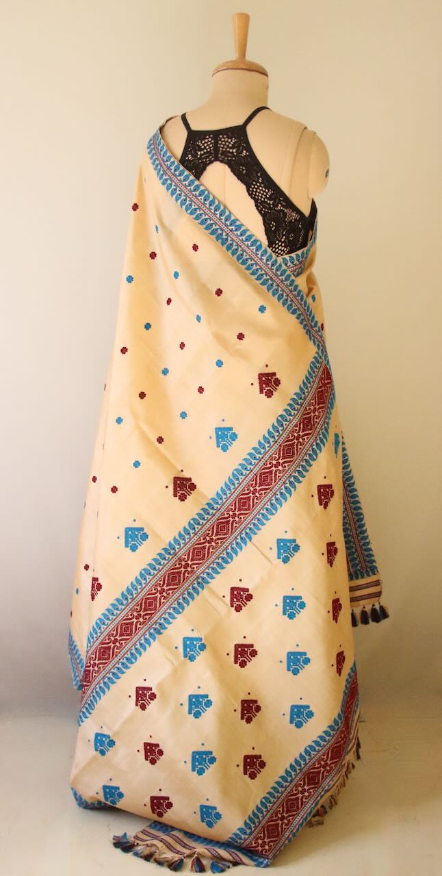 Handloom Tassah Silk Sari with traditional blue and maroon motifs from Assam , India