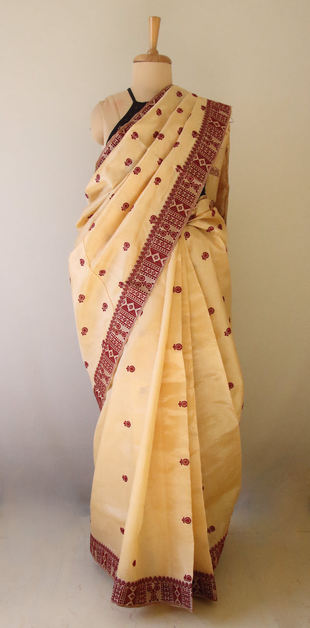 Handloom Tassar Silk Sari with traditional maroon motifs from Assam