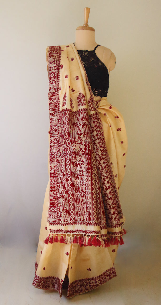 Handloom Tassar Silk Sari with traditional maroon motifs from Assam