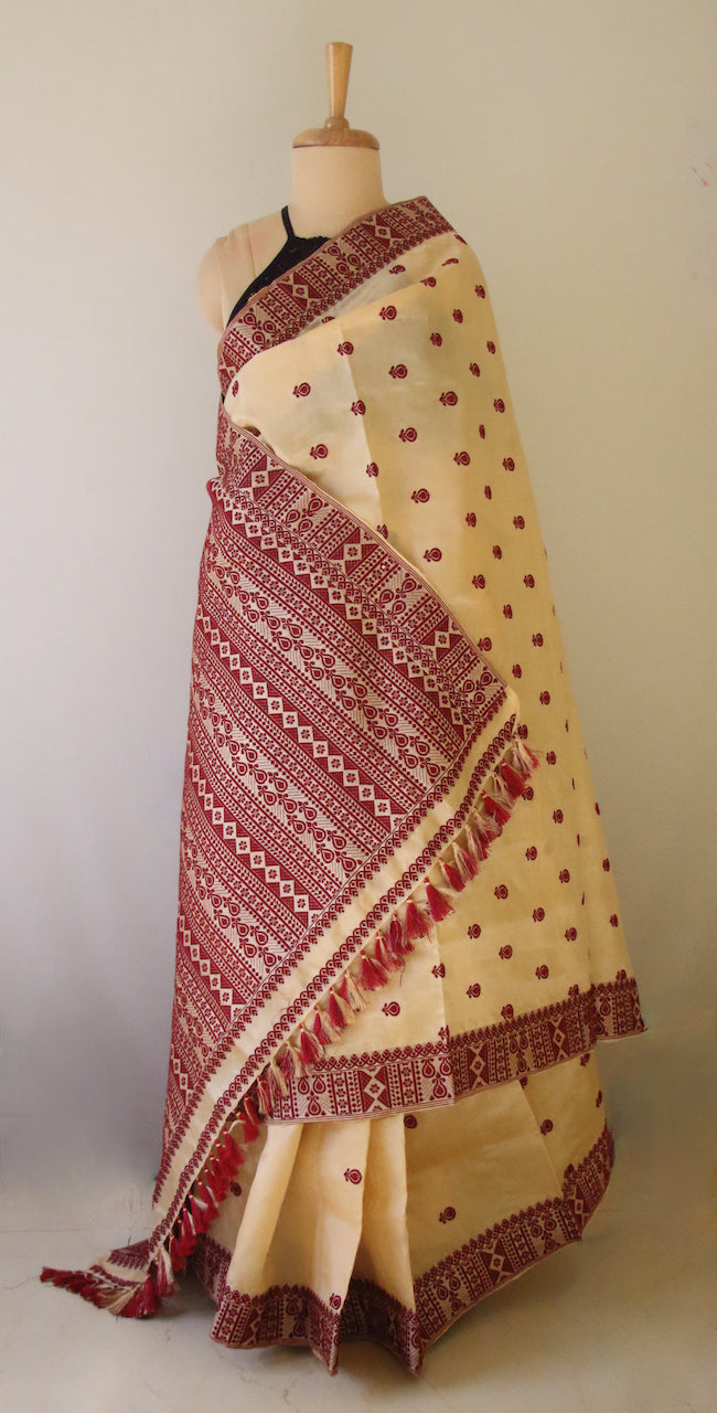 Handloom Tassar Silk Sari with traditional maroon motifs from Assam