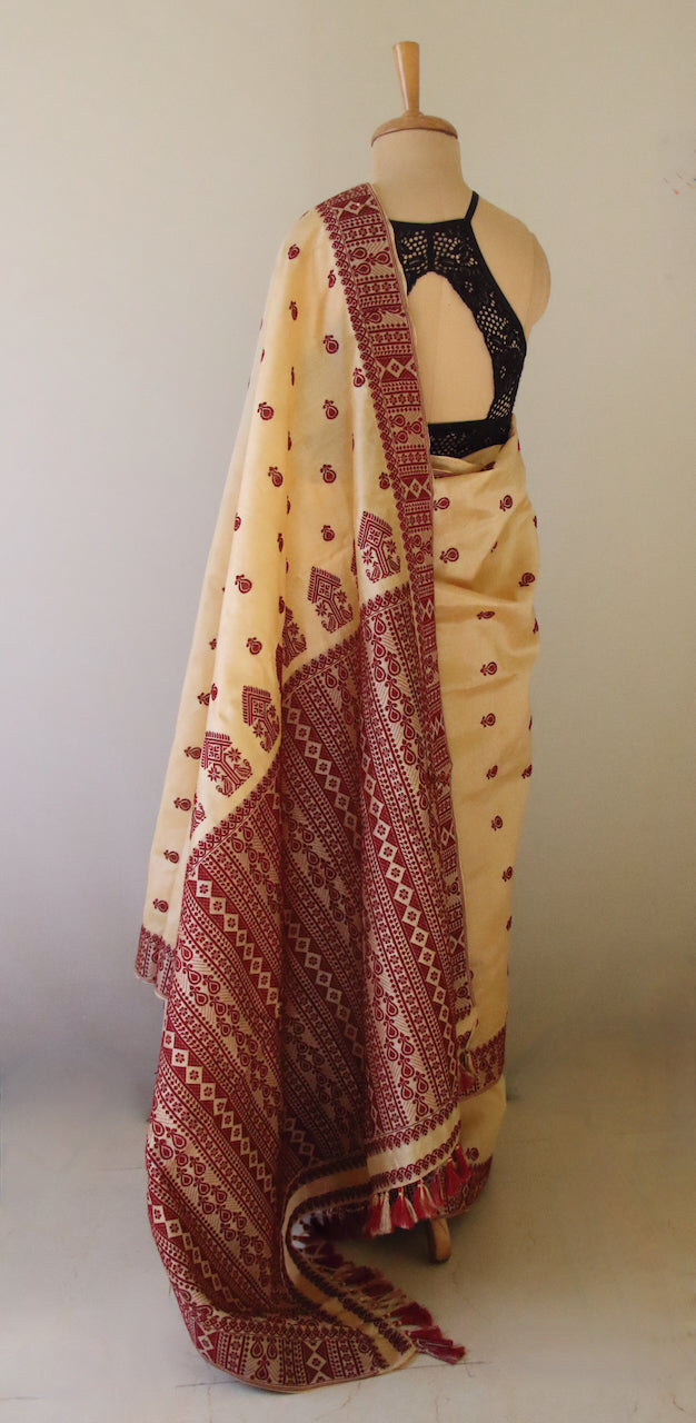 Handloom Tassar Silk Sari with traditional maroon motifs from Assam