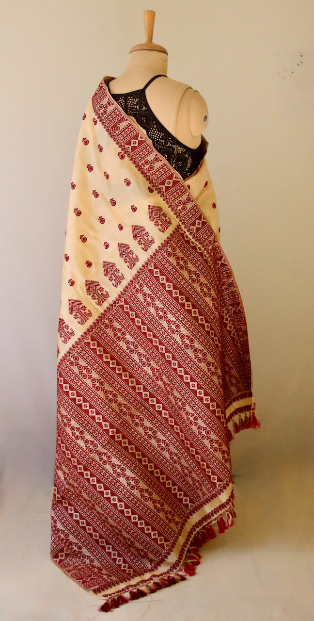 Handloom Tassar Silk Sari with traditional maroon motifs from Assam