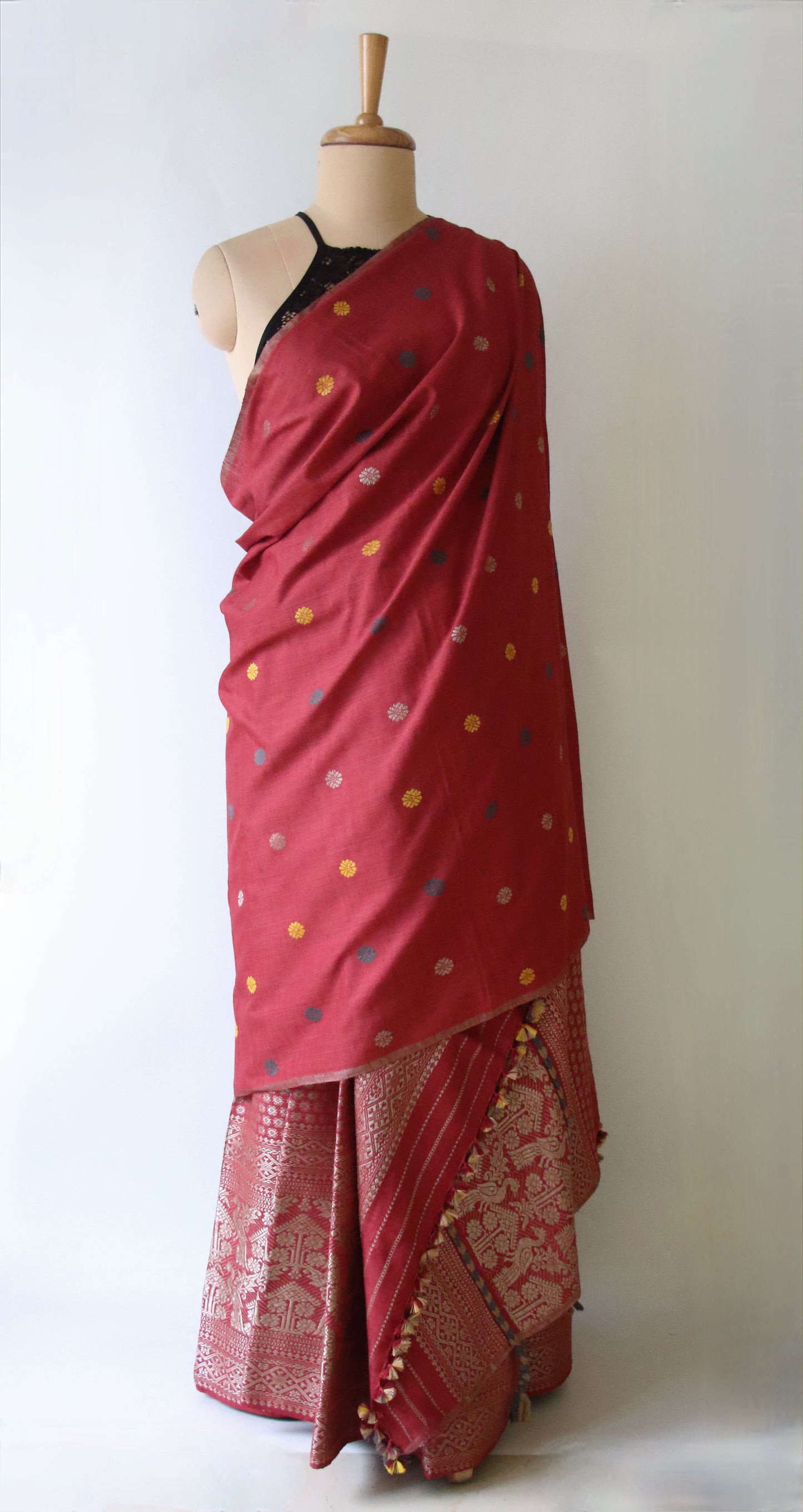Maroon Narural Dyed Eri Silk Traditional Mekhela Chador Set from Assam