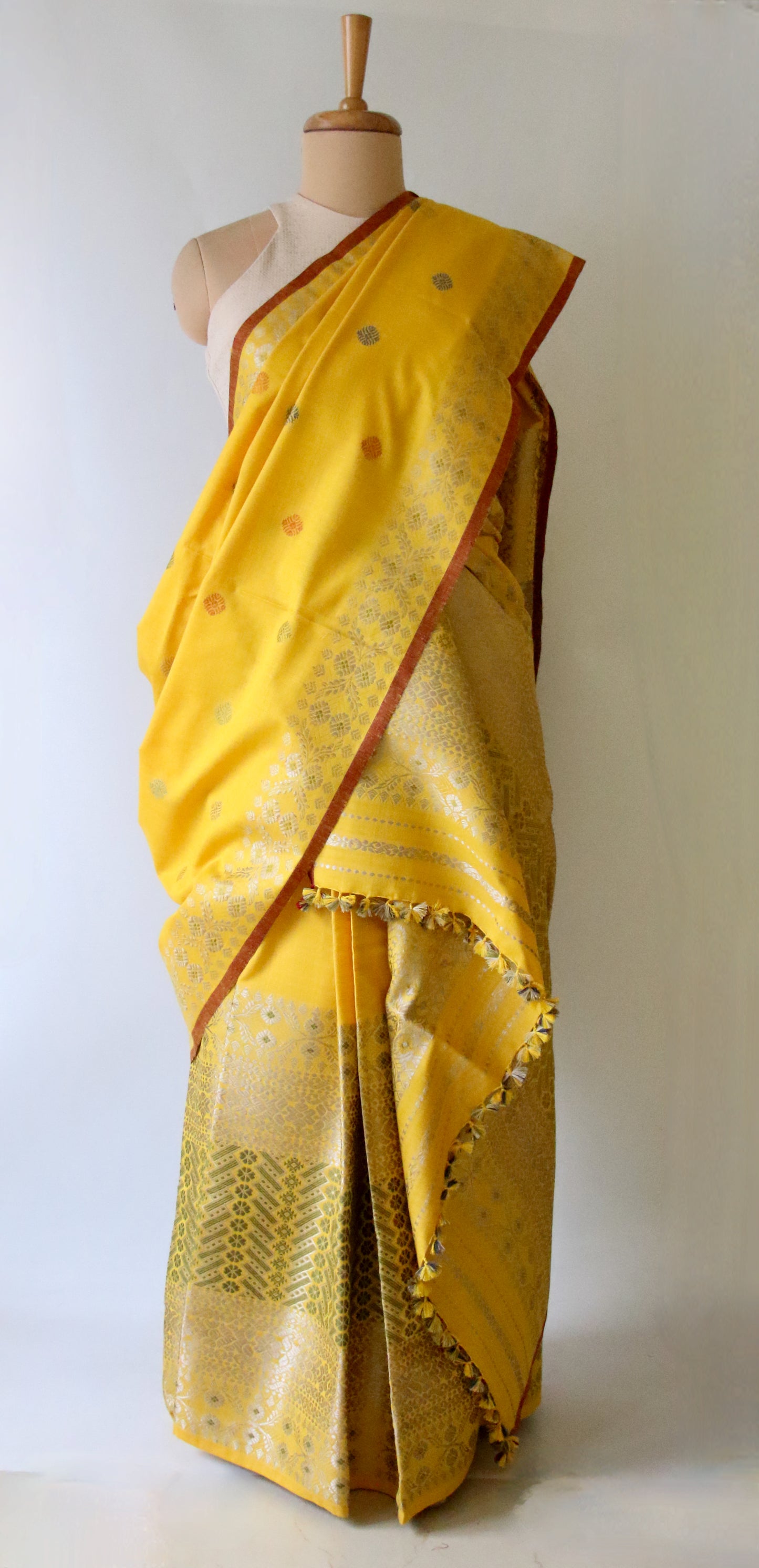 Yellow Narural Dyed Eri Silk Traditional Mekhela Chador Set from Assam