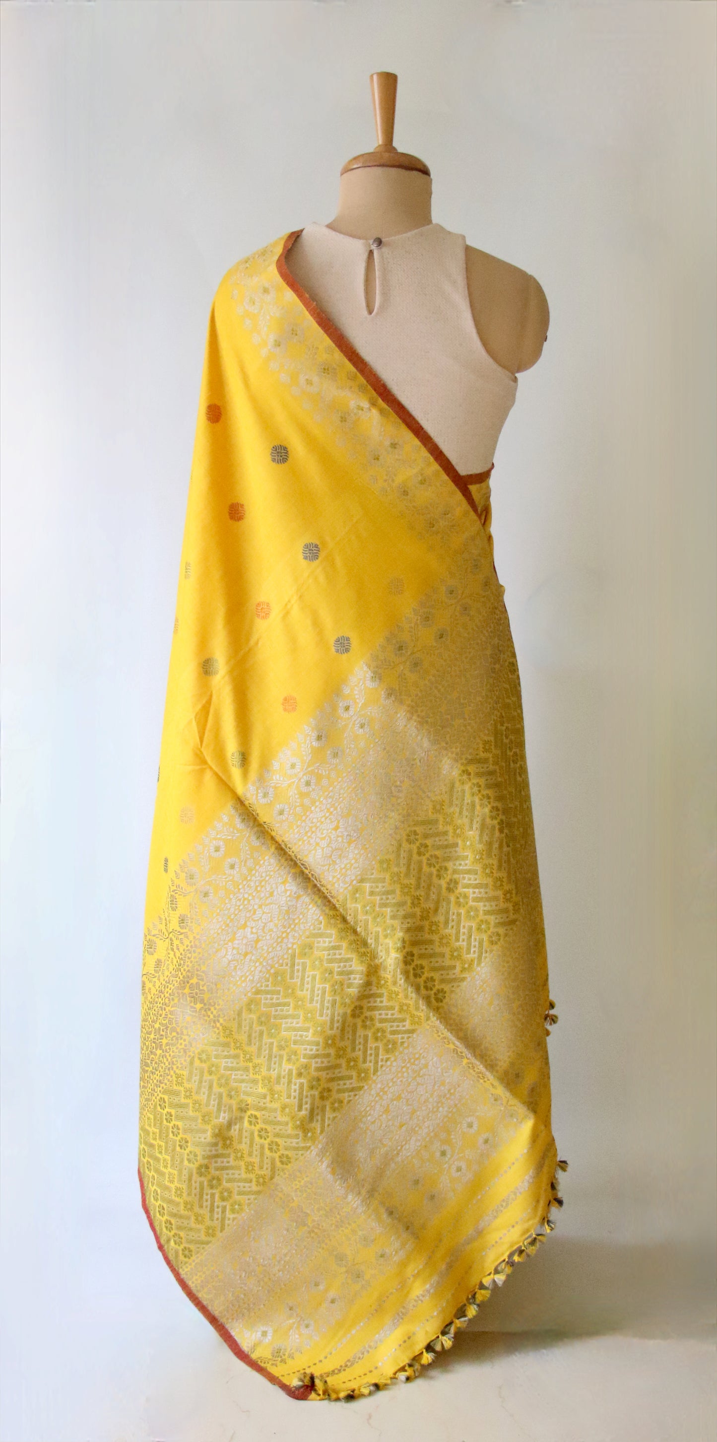 Yellow Narural Dyed Eri Silk Traditional Mekhela Chador Set from Assam