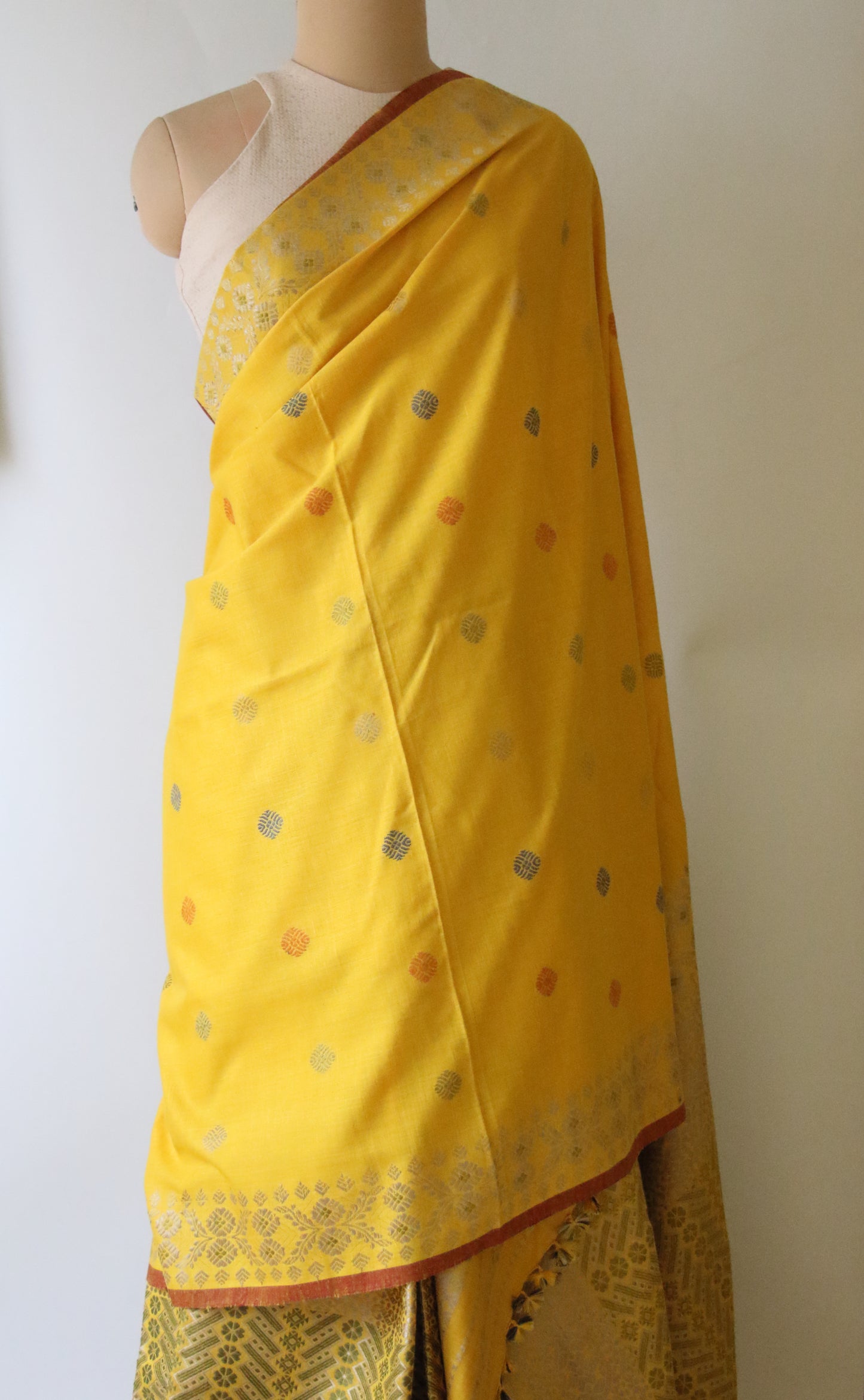 Yellow Narural Dyed Eri Silk Traditional Mekhela Chador Set from Assam