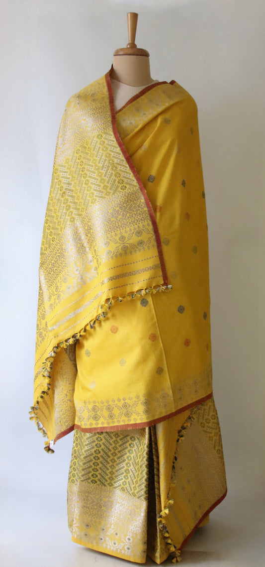 Yellow Narural Dyed Eri Silk Traditional Mekhela Chador Set from Assam