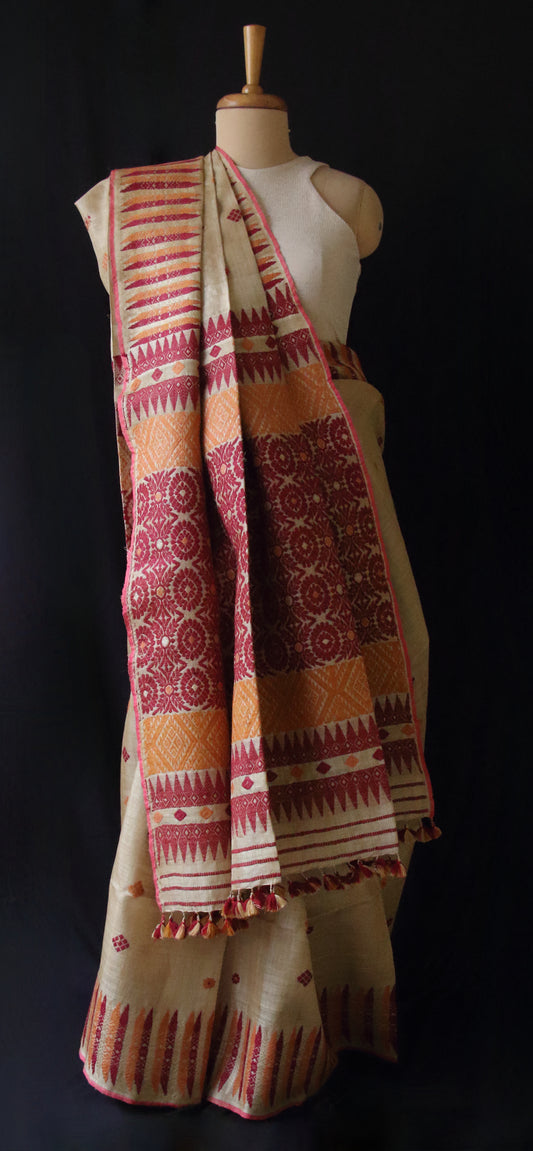 Muga Silk Saree with natural dyed Eri Silk  motifs from Assam