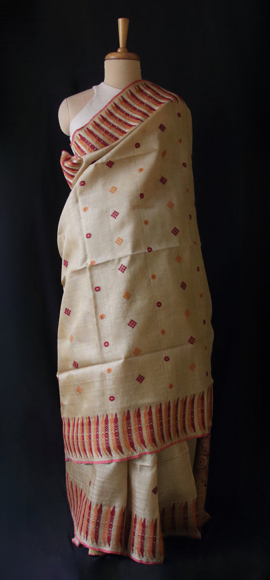 Muga Silk Saree with natural dyed Eri Silk  motifs from Assam