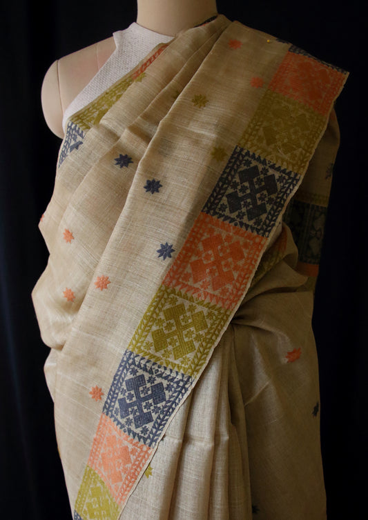 Authentic Muga Silk Saree with natural dyed Eri Silk motifs from Assam