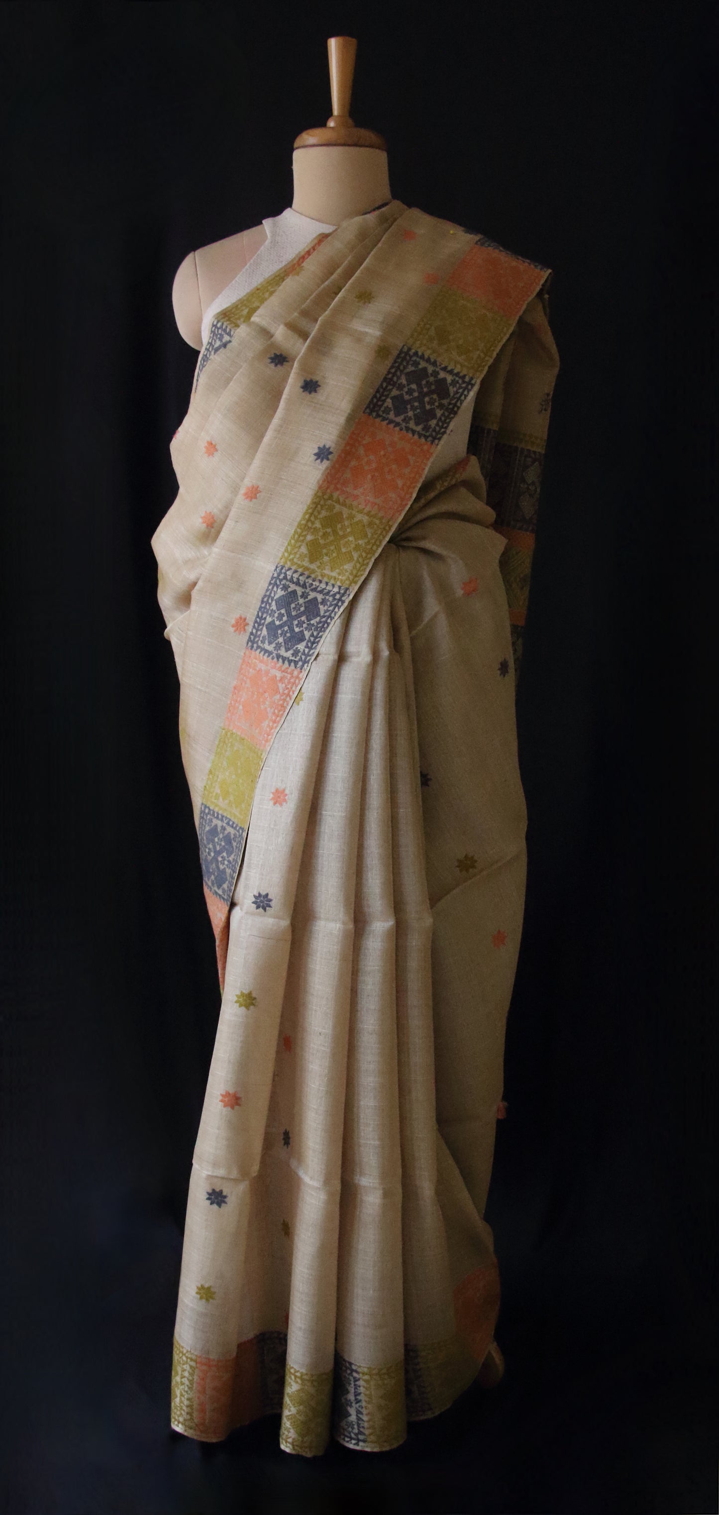 Authentic Muga Silk Saree with natural dyed Eri Silk motifs from Assam