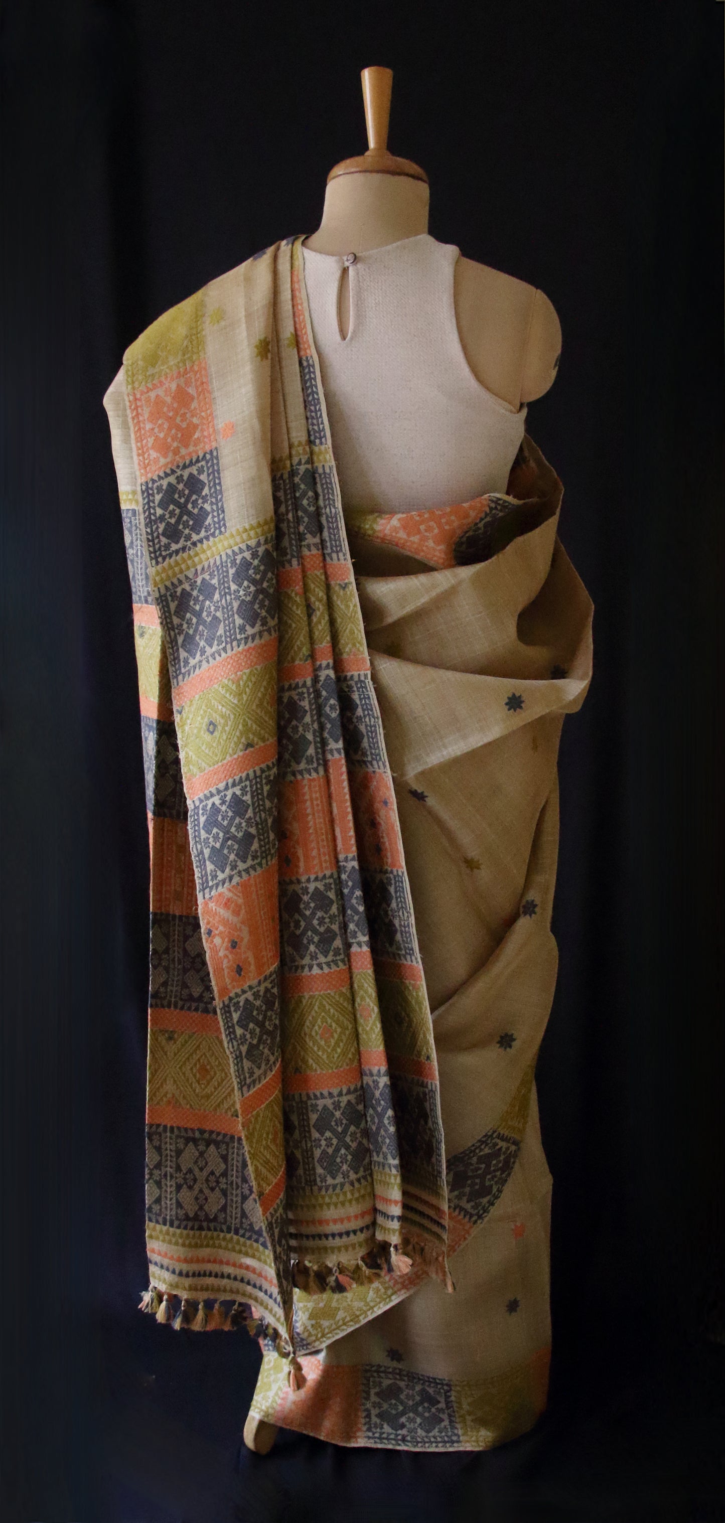 Authentic Muga Silk Saree with natural dyed Eri Silk motifs from Assam