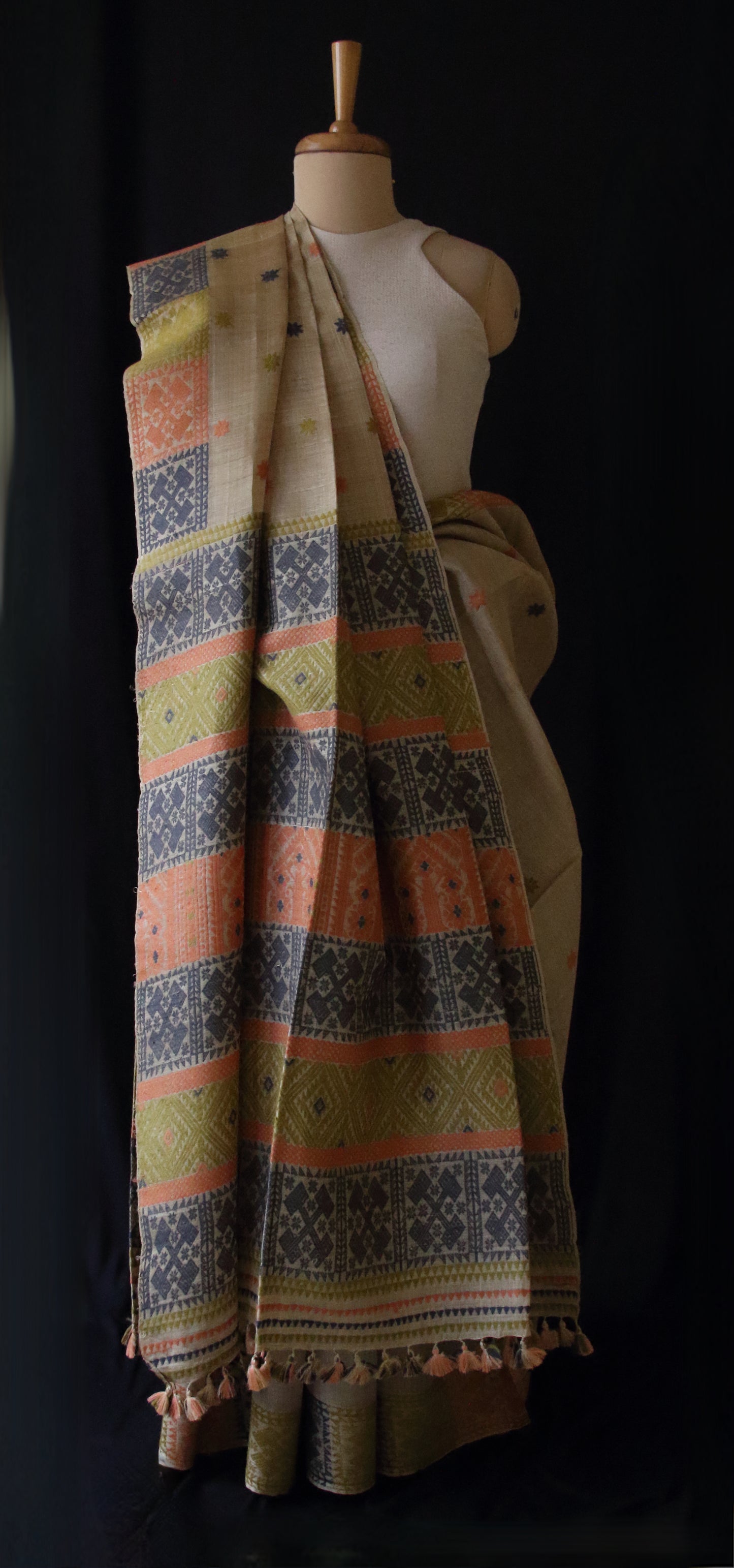 Authentic Muga Silk Saree with natural dyed Eri Silk motifs from Assam
